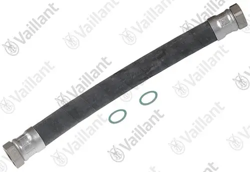 Flexibler Schlauch mit Metallanschlüssen und zwei Dichtungsringen von Vaillant. Der Schlauch hat eine gewellte Oberfläche und ist für bestimmte Heizsysteme geeignet.